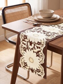 1pc Lace Pattern Table Runner, Kitchen Dining Table Decor, Creative Gift, Rectangular Table Runner, Coffee Table Decor, Tabletop Decor, New Year Holiday Accessory, Home Decor, Exquisite Pattern, Easy To Clean - Coffee Brown - View 2