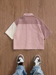 NORVETH Camisa de manga corta de pana con parches para hombre, primavera/verano - Rosa - Ver 5