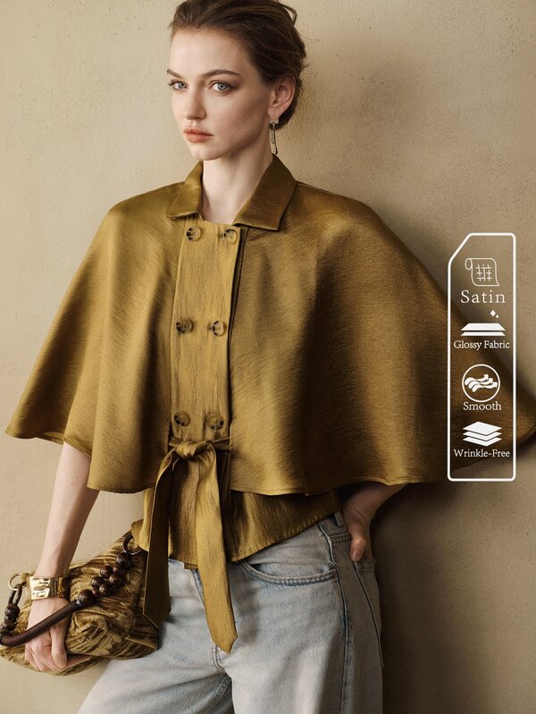 Arave Women's Cape Jacket Fitted Textured Satin Double Breasted Lapel Belted Elegant Vintage Business Casual Olive Green Solid Jacket For Women Holiday