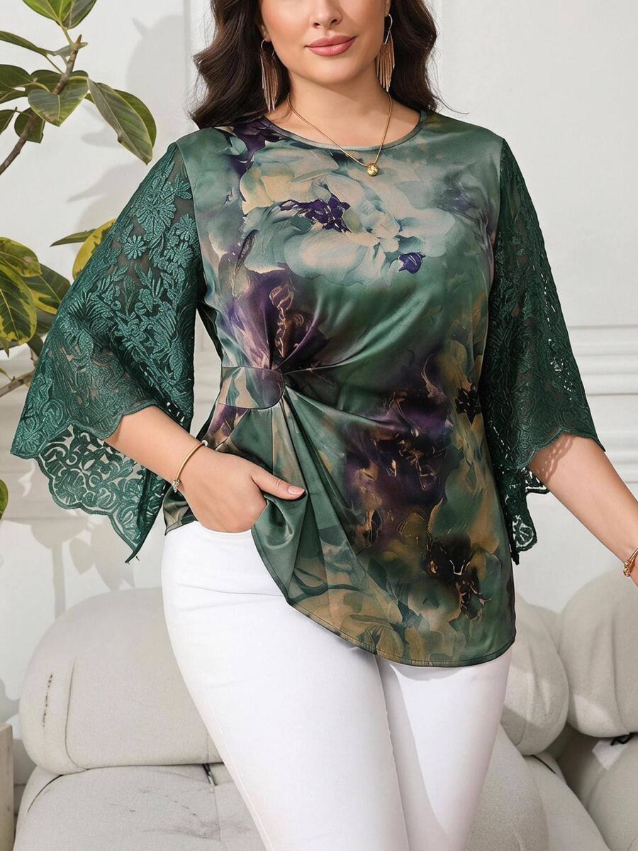 Reflora Plus Size Women's Floral Print Contrast Lace Bell Sleeve Elegant Blouse Fall Saudi National Day