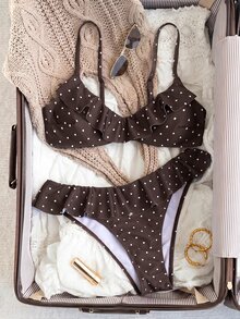 Swim Mod 女款波點印花荷葉邊泳衣套裝 - 棕色 - 查看 5