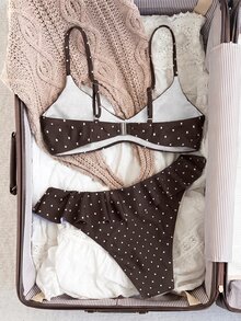 Swim Mod 女款波點印花荷葉邊泳衣套裝 - 棕色 - 查看 2