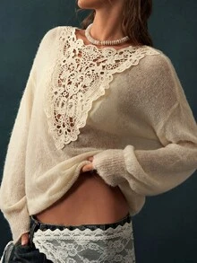 Bohemela Vintage Green Loose Lace Collar Knit Pullover Sweater - Apricot - View 7