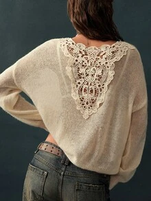 Bohemela Vintage Green Loose Lace Collar Knit Pullover Sweater - Apricot - View 5