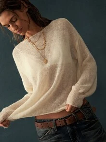 Bohemela Vintage Green Loose Lace Collar Knit Pullover Sweater - Apricot - View 8