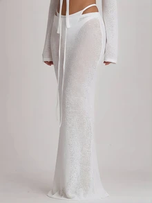 Musera Resort Knit Tie Front Maxi Skirt Cover Up Swim Vacation Holiday Summer Travel Beachwear Basics Solid Colour Resort Core - White - View 4