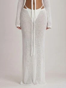 Musera Resort Knit Tie Front Maxi Skirt Cover Up Swim Vacation Holiday Summer Travel Beachwear Basics Solid Colour Resort Core - White - View 3