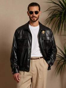 HIMLAND Men's Autumn Fashion Versatile PU Leather Workwear Zip Jacket, For Spring, Outdoor - Black - View 7