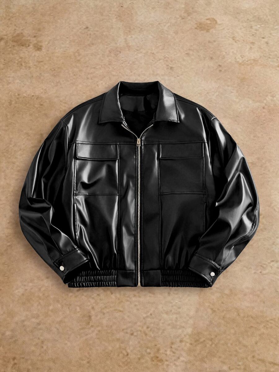 HIMLAND Men's Autumn Fashion Versatile PU Leather Workwear Zip Jacket, For Spring, Outdoor - Black - View 1