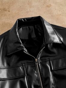 HIMLAND Men's Autumn Fashion Versatile PU Leather Workwear Zip Jacket, For Spring, Outdoor - Black - View 3