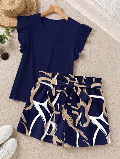 SHEIN LUNE Elegant Casual Jamican Solid Color Ruffle Top And Floral Print Shorts 2-Piece Set, Summer Vacation Navy Blue