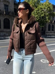 DAZY Women's Plush Hooded Zip-Up Casual Versatile Winter Padded Coat School Fall Jacket - Brown - View 6