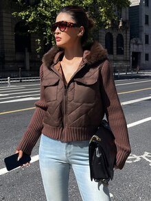 DAZY Women's Plush Hooded Zip-Up Casual Versatile Winter Padded Coat School Fall Jacket - Brown - View 1
