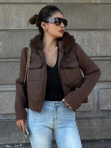 DAZY Women's Plush Hooded Zip-Up Casual Versatile Winter Padded Coat School Fall Jacket - Brown - View 4