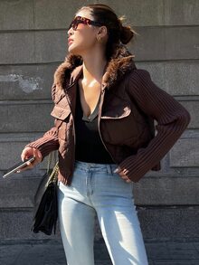 DAZY Women's Plush Hooded Zip-Up Casual Versatile Winter Padded Coat School Fall Jacket - Brown - View 3