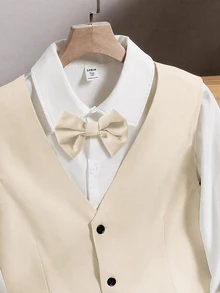 SHEIN 2 件套青少年男孩绅士装 - 修身薄荷绿背心 + 纹理长裤，适合生日派对、婚礼、毕业典礼、特殊场合的正式优雅服装 - 杏色 - 查看 5