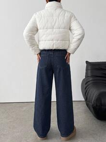 SHEIN Tween Girl Autumn/Winter Deep Blue Denim Fleece Lined Loose Fit Long Pants - Blue - View 4