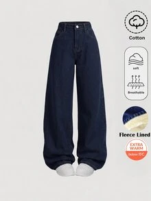 SHEIN Tween Girl Autumn/Winter Deep Blue Denim Fleece Lined Loose Fit Long Pants - Blue - View 3