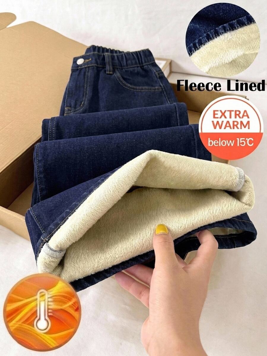 SHEIN Tween Girl Autumn/Winter Deep Blue Denim Fleece Lined Loose Fit Long Pants - Blue - View 1