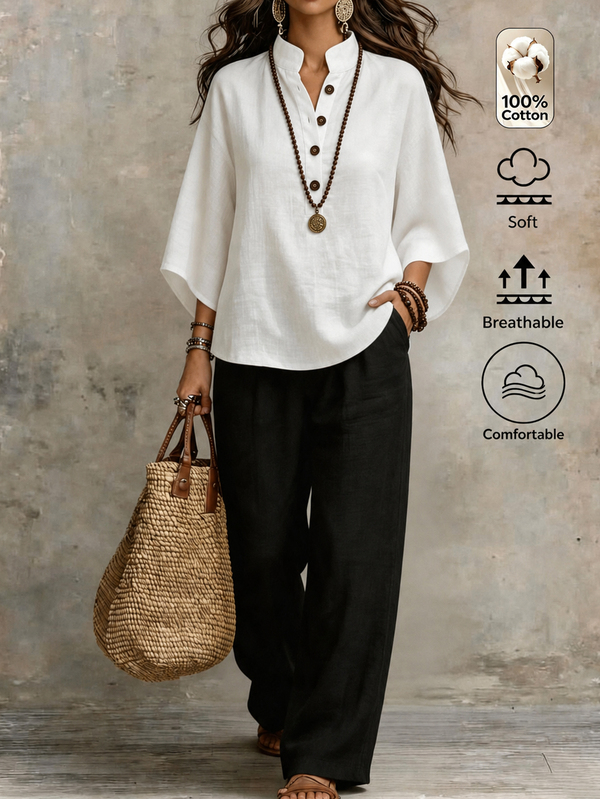 Omancia White 100% Cotton Minimalist 2 Pieces Set Women Stand Collar Batwing Sleeve Blouse Black High Waist Wide Leg Pants Summer Commute Casual Outfit