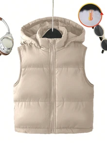 Tween Girls Casual Modest Baggy Beige Sleeveless Hooded Padded Vest, Autumn/Winter School Career - Khaki - View 4