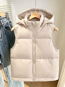 Tween Girls Casual Modest Baggy Beige Sleeveless Hooded Padded Vest, Autumn/Winter School Career - Khaki - View 3