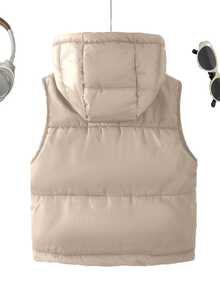 Tween Girls Casual Modest Baggy Beige Sleeveless Hooded Padded Vest, Autumn/Winter School Career - Khaki - View 2