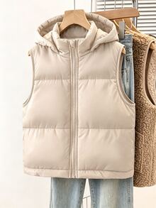 Tween Girls Casual Modest Baggy Beige Sleeveless Hooded Padded Vest, Autumn/Winter School Career - Khaki - View 1