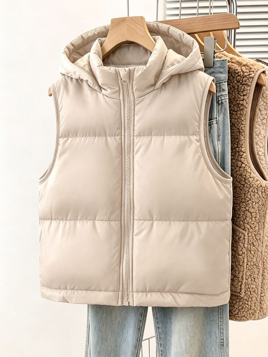 Tween Girls Casual Modest Baggy Beige Sleeveless Hooded Padded Vest, Autumn/Winter School Career - Khaki - View 1
