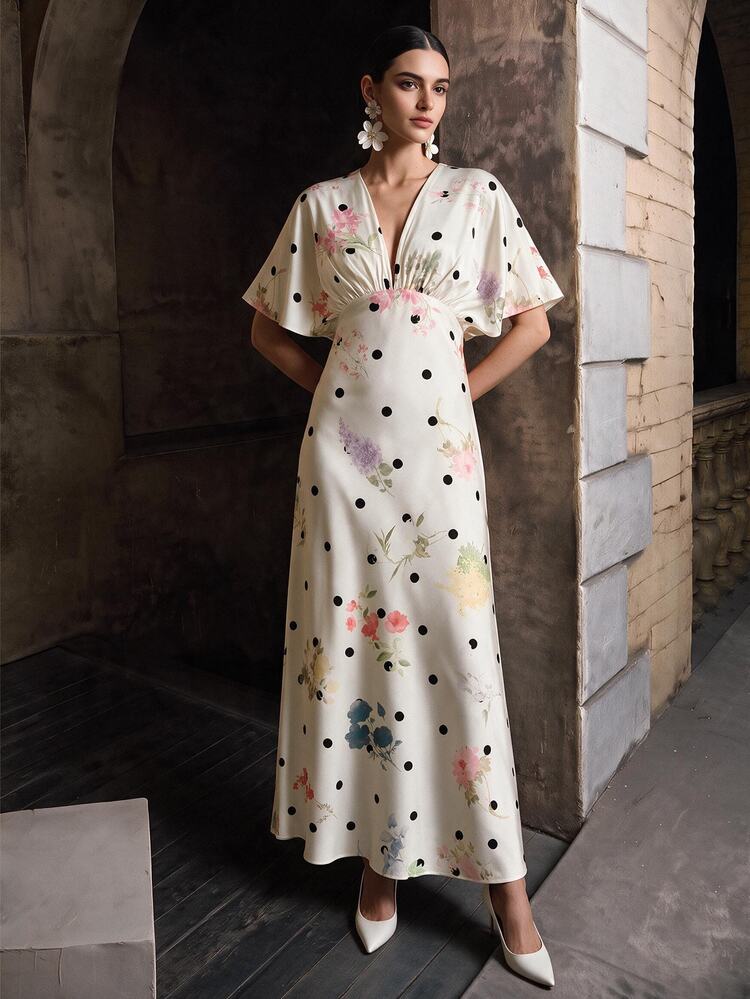 Anewsta Elegant Summer Colorful Polka Dot Floral Deep V-Neck One-Piece Sleeve Fitted High Waist Satin Maxi Dress For Brunch,Formal Occasions - Apricot - View 6