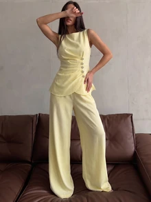 Rue Lumi Women's Spring/Summer Yellow Woven Sleeveless Button-Up Cinched Waist Pleated A-Line Casual Commuter Top And Straight Leg Long Pants 2-Piece Set - Yellow - View 5