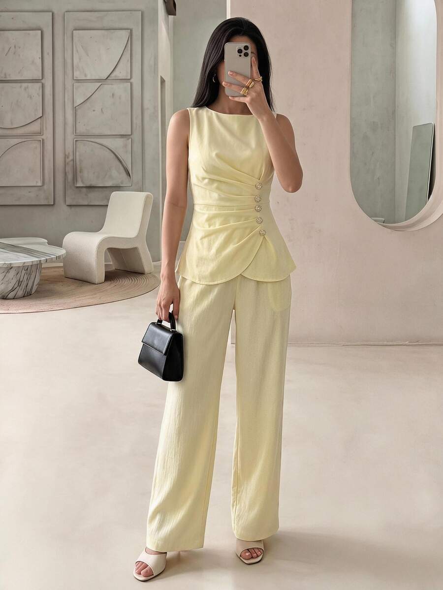Rue Lumi Women's Spring/Summer Yellow Woven Sleeveless Button-Up Cinched Waist Pleated A-Line Casual Commuter Top And Straight Leg Long Pants 2-Piece Set