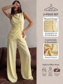 Rue Lumi Women's Spring/Summer Yellow Woven Sleeveless Button-Up Cinched Waist Pleated A-Line Casual Commuter Top And Straight Leg Long Pants 2-Piece Set - Yellow - View 7