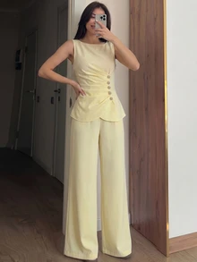Rue Lumi Women's Spring/Summer Yellow Woven Sleeveless Button-Up Cinched Waist Pleated A-Line Casual Commuter Top And Straight Leg Long Pants 2-Piece Set - Yellow - View 6