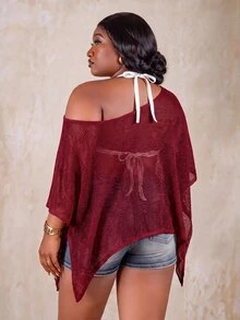 CurvyTilda Women's Plus Size Spring/Summer Mesh Hollow Out Burgundy Top Beach Sexy - Burgundy - View 2