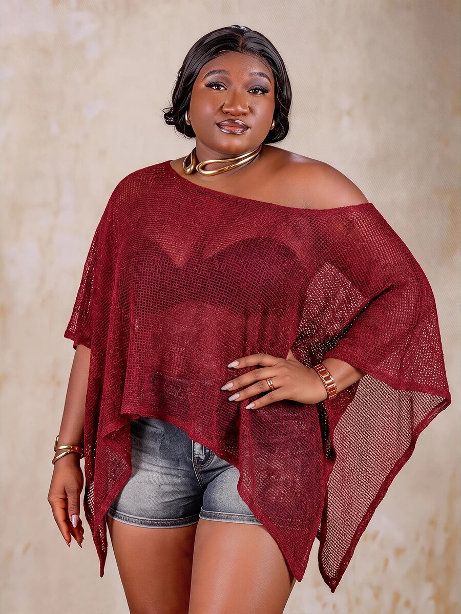 CurvyTilda Women's Plus Size Spring/Summer Mesh Hollow Out Burgundy Top Beach Sexy - Burgundy - View 1