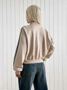 SHEIN EZwear 女款秋季側條紋青蛙鈕扣設計拉鍊前襟棒球夾克 - 卡其色 - 查看 3