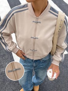 SHEIN EZwear 女款秋季側條紋青蛙鈕扣設計拉鍊前襟棒球夾克 - 卡其色 - 查看 8
