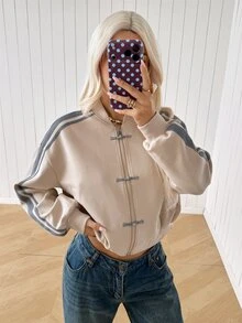 SHEIN EZwear 女款秋季側條紋青蛙鈕扣設計拉鍊前襟棒球夾克 - 卡其色 - 查看 5