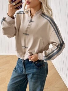 SHEIN EZwear 女款秋季側條紋青蛙鈕扣設計拉鍊前襟棒球夾克 - 卡其色 - 查看 7