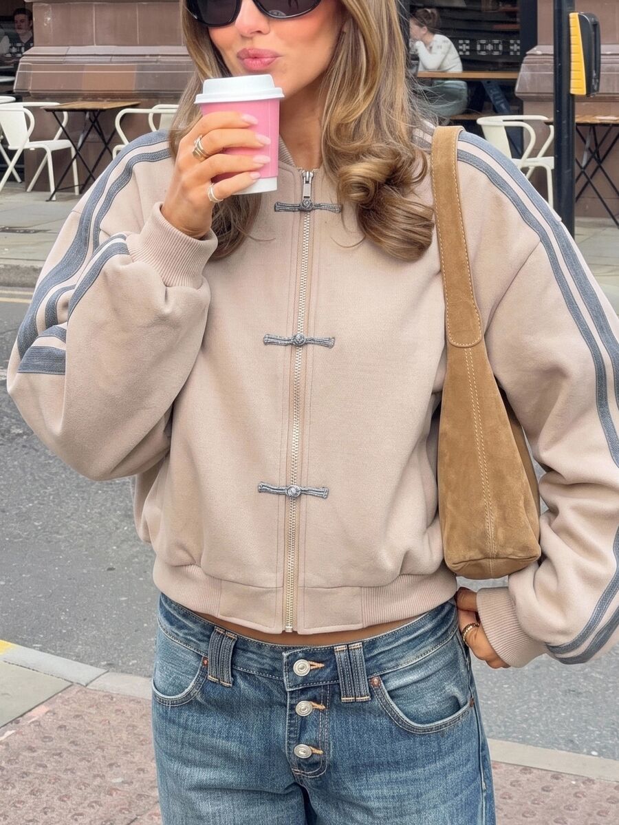 SHEIN EZwear 女款秋季側條紋青蛙鈕扣設計拉鍊前襟棒球夾克