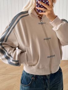SHEIN EZwear 女款秋季側條紋青蛙鈕扣設計拉鍊前襟棒球夾克 - 卡其色 - 查看 10