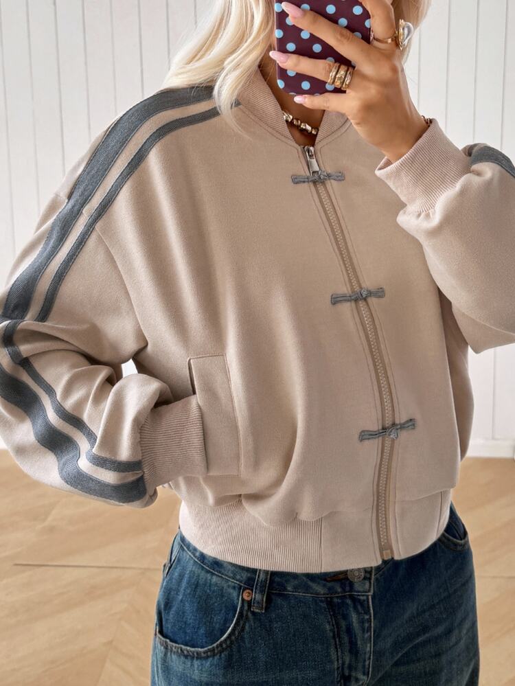 SHEIN EZwear Fall Clothes For Women Women's Side Stripe Frog Button Design Zipper Placket Baseball Jacket - Khaki - View 9