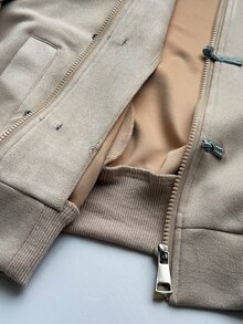 SHEIN EZwear 女款秋季側條紋青蛙鈕扣設計拉鍊前襟棒球夾克 - 卡其色 - 查看 14