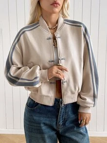SHEIN EZwear 女款秋季側條紋青蛙鈕扣設計拉鍊前襟棒球夾克 - 卡其色 - 查看 4