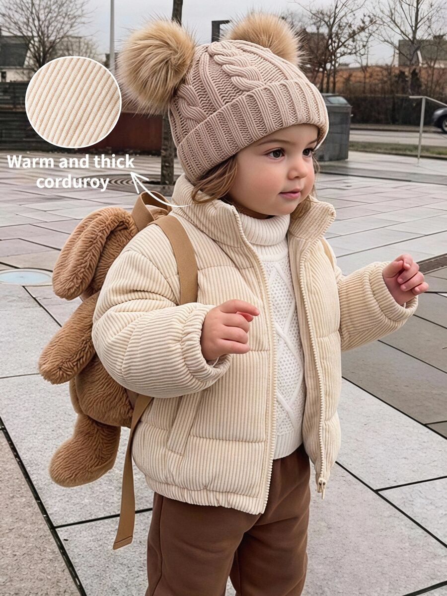LMoss Kids Baby Girl Woven Solid Color Long Sleeve Thick Thermal Lined Padded Coat, Suitable For Autumn/Winter - Beige - View 1
