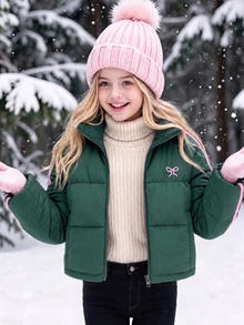 SHEIN Elladie kids 少女條紋蝴蝶結寬鬆冬季外套，Y2K上衣，秋季新款，校園風，綠色與粉色對比條紋裝飾夾克蝴蝶結秋季款 - 綠色 - 查看 5