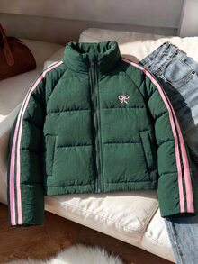 SHEIN Elladie kids 少女條紋蝴蝶結寬鬆冬季外套，Y2K上衣，秋季新款，校園風，綠色與粉色對比條紋裝飾夾克蝴蝶結秋季款 - 綠色 - 查看 2