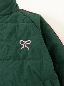 SHEIN Elladie kids 少女條紋蝴蝶結寬鬆冬季外套，Y2K上衣，秋季新款，校園風，綠色與粉色對比條紋裝飾夾克蝴蝶結秋季款 - 綠色 - 查看 10