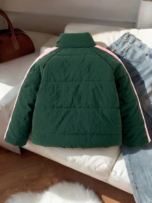 SHEIN Elladie kids 少女條紋蝴蝶結寬鬆冬季外套，Y2K上衣，秋季新款，校園風，綠色與粉色對比條紋裝飾夾克蝴蝶結秋季款 - 綠色 - 查看 7